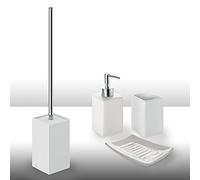 Gedy Set Queenstown 4 pièces, Solide, WC, 1 Distributeur de Savon, 1 Porte-Brosse à Dents de Salle de Bain en céramique écologique, Finition Blanche, Design R&S, 2 Ans de Garantie, Unica
