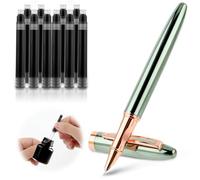 GEEHUA Lot de 10 stylos à plume en métal - Pointe fine de 0,38 mm - Avec 10 cartouches d'encre noire de 3,4 mm à recharger - Cadeau pour travail, bureau, entreprise - Vert