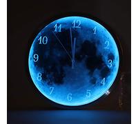 GEEKCOOK horloge murale lumineuse, horloge de lune luminescente dans le noir argent rond Phase de lune horloge murale LED contrôle du son horloge de lune pour bureau maison salon décor