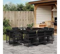 GeenYuu 11 pièces Salon de jardin en polyrotin noir avec coussins amovibles, chaises pliantes, cadre en acier revêtu par pulvérisation, plateau en verre 165 x 106 x 73 cm pour terrasse, balcon