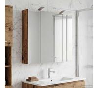 GeenYuu Armoire de salle de bain en bois vieilli avec étagère, 80 x 14,5 x 70 cm, montage mural, bandes LED, miroir des deux côtés, 2 étagères, porte à charnière