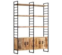 GeenYuu Bibliothèque à 4 Niveaux en Bois de manguier Brut avec Cadre en Fer 124x30x180 cm, 6 étagères, 4 Portes, Meuble de Rangement modulable pour Salon Bureau Chambre