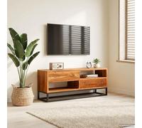 GeenYuu Buffet Beta Naturel en Bois d'acacia Massif 70 x 30 x 75 cm avec Cadre en Fer Noir, Meuble de Rangement à 2 Portes pour Salon, Salle à Manger, Chambre