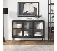 GeenYuu Buffet Noir en Acier Enduit de Poudre et Verre cannelé 105x35x70 cm avec étagère réglable et niveleurs, Meuble de Rangement pour Salon Salle à Manger Cuisine