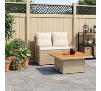 GeenYuu Canapé de jardin avec accoudoirs et table pliante, ensemble de salon 2 pièces en rotin synthétique et bois, résistant aux intempéries avec coussins amovibles, idéal pour balcon, terrasse et