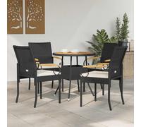 GeenYuu Chaises de Jardin avec Coussin 4 pcs en Poly Rattan Noir et Blanc crème, Cadre Acier Enduit de Poudre, accoudoirs Bois d'acacia, Confort Assise et Dossier