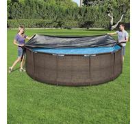 GeenYuu Couverture de Piscine Bestway Flowclear 366 cm PVC Anthracite avec Trous de vidange et Cordes Fixation pour Piscine Hors Sol Steel Pro et Hydrium, Protection hivernage et