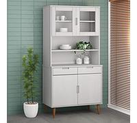 GeenYuu Dessus de Buffet MOLDE Blanc en Bois Massif de pin 90x35x100 cm avec Vernis UV, 3 étagères, 2 Portes vitrées, Meuble Rangement Salon Salle à Manger Cuisine