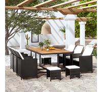 GeenYuu Ensemble à Manger d’extérieur 11 pcs en résine tressée Noir avec Coussins Blanc crème, Table en Bois d’Acacia 167x109x74 cm, 10 chaises Confortables pour terrasse, Jardin