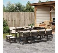 GeenYuu Ensemble à Manger de Jardin 13 pcs en rotin Marron avec Coussins Amovibles, Table Verre trempé, chaises et tabourets Pliables, mobilier extérieur résistant aux UV pour terrasse Balcon Patio