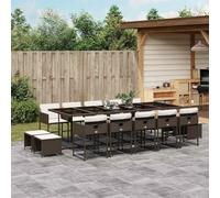 GeenYuu Ensemble à Manger de Jardin 15 pcs en résine tressée Marron avec Coussins Blancs crème, Table en Verre trempé, chaises Pliables, tabourets compacts pour terrasse Balcon Patio