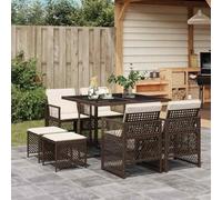GeenYuu Ensemble à Manger de Jardin 9 pièces Marron en Poly rotin avec Coussins Blancs crème, Table en Verre trempé 110x106x73 cm, chaises Pliables et tabourets pour terrasse Balcon Patio