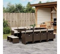 GeenYuu Ensemble à Manger de Jardin en résine tressée Marron 13 pcs avec Coussins Amovibles, Table Verre trempé 220x106 cm, chaises Pliables et tabourets