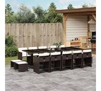 GeenYuu Ensemble à Manger de Jardin en résine tressée Marron avec Coussins Blancs crème, 15 pièces Comprenant Table Verre trempé, chaises Pliables, tabourets