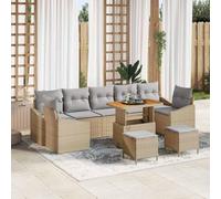 GeenYuu Ensemble canapé Jardin extérieur 10 pcs Beige en Poly rotin avec Coussins, Table, poufs modulaires pour terrasse, Balcon, Patio, Salon et détente en Plein air
