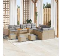 GeenYuu Ensemble canapé Jardin extérieur 14 pcs Beige et Gris Clair en Poly rotin, Cadre Acier et Bois d'acacia, modules avec Coussins Confortables, Rangement intégré pour terrasse Patio Salon