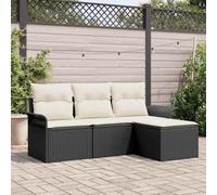GeenYuu Ensemble canapé Jardin extérieur 4 pcs en polyrotin Noir crème avec Coussins Amovibles Cadre Acier Bois d'acacia pour terrasse Patio Balcon détente Repas