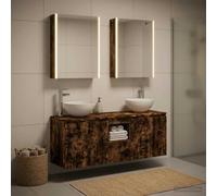GeenYuu Ensemble d'armoire de Salle de Bain 5 pièces en Bois d'ingénierie chêne fumé, Montage Mural avec éclairage LED intégré, 9 étagères, 6 Portes, 1 tiroir