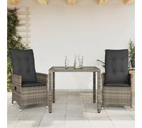 GeenYuu Ensemble de Bistro 3 pcs résine tressée Gris avec Coussins Amovibles pour Jardin terrasse Balcon, fauteuils inclinables et Table avec Plateau en Verre trempé pour Repas détente Convivial