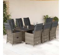 GeenYuu Ensemble de Bistro de Jardin 9 pcs en Poly rotin Gris avec Coussins épais, fauteuils inclinables, Table en Verre trempé, mobilier extérieur modulable pour terrasse Balcon Patio détente Repas