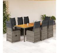 GeenYuu Ensemble de Bistro de Jardin 9 pcs en Poly rotin Gris avec Coussins épais, fauteuils inclinables, Table en Bois d’Acacia, idéal terrasse Balcon Patio pour Repas détente en extérieur