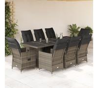 GeenYuu Ensemble de Bistro de Jardin 9 pcs en Poly rotin Gris avec Coussins épais, Table en Verre trempé, fauteuils inclinables pour terrasse, Balcon ou Patio