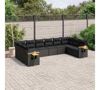 GeenYuu Ensemble de canapé de jardin 10 pièces en polyrotin noir avec coussins, résistant aux intempéries, pour terrasse, balcon, salon modulaire avec table d'appoint et housse facile d'entretien
