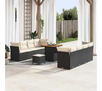 GeenYuu Ensemble de canapé de jardin 11 pièces en polyrotin noir avec bois d'acacia, résistant aux intempéries, pour terrasse, balcon et jardin d'hiver, salon modulaire avec table