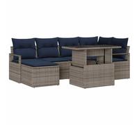 GeenYuu Ensemble de canapé de jardin 7 pièces gris bleu marine en polyrotin résistant aux intempéries modulaire avec coussins pour balcon, terrasse, jardin, extérieur, salon, patio