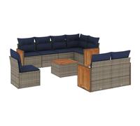 GeenYuu Ensemble de canapé de jardin 9 pièces avec coussins gris en polyrotin - Salon de jardin - Pour terrasse, balcon - Résistant aux intempéries - Modulaire avec table en bois d'acacia et housse