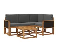 GeenYuu Ensemble de canapé d'extérieur 5 pièces en bois d'acacia avec housse en polyester naturel et anthracite, salon modulaire avec table, coussin d'assise et de dossier, résistant aux intempéries