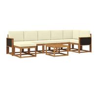 GeenYuu Ensemble de canapé d'extérieur 8 pièces avec coussins en bois d'acacia naturel et crème, housse en polyester, salon modulaire avec table, tabouret, canapé d'angle et accoudoirs pour jardin et