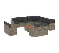 GeenYuu Ensemble de meubles de jardin 14 pièces avec coussins gris rotin synthétique et table en bois d'acacia résistant aux intempéries pour balcon, terrasse, salle à manger, extérieur, véranda