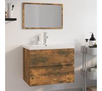 GeenYuu Ensemble de meubles de salle de bain en bois de chêne fumé avec meuble sous lavabo, miroir, lavabo encastré, espace de rangement, tiroir, montage mural pour salle de bain, chambre d'amis