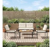 GeenYuu Ensemble de Meubles d'extérieur 4 pcs crème Blanc polyrotin avec Table en Bois d'acacia, Coussins Amovibles, Cadre Acier Enduit de Poudre, Pieds Ajustables pour Jardin terrasse Balcon Patio