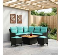 GeenYuu Ensemble de meubles en rotin synthétique avec coussins, 6 pièces, noir et turquoise, pour intérieur et extérieur, avec table, élément d'angle, tabouret, coussins amovibles, pieds réglables