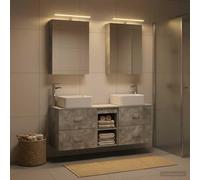 GeenYuu Ensemble de mobilier de Salle de Bain 5 pcs Gris béton Bois d'ingénierie et Verre avec miroirs LED Double Face, Grande capacité de Rangement