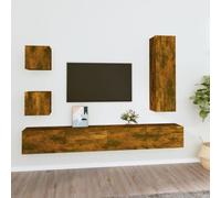 GeenYuu Ensemble Meuble TV 5 pièces chêne fumé Bois d'ingénierie Design Moderne Industriel Mural Suspendu Rangement tiroir Niche Porte Console Salon séjour Multimedia