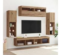 GeenYuu Ensemble Meuble TV chêne Artisanal en Bois d'ingénierie 6 pcs avec étagères, Portes, tiroirs, éclairage LED, Rangement Mural pour Salon séjour multimédia Design Moderne Industriel
