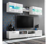 GeenYuu Ensemble Meuble TV Mural 5 pièces Blanc Brillant Bois d'ingénierie avec éclairage LED, étagères en Verre, armoires rabattantes, Design Moderne pour Salon séjour multimédia