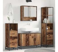 GeenYuu Ensemble mobilier Salle de Bain 4 pièces Bois Ancien, Meuble lavabo Vasque avec Miroir, Armoire Colonne, tiroirs et étagères, Rangement Suspendu Mural pour Organiser Serviettes et