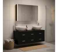 GeenYuu Ensemble mobilier Salle de Bain 4 pièces chêne Noir Bois d'ingénierie Montage Mural avec Miroir Double Face éclairage LED USB Grand Rangement Design épuré