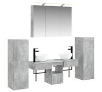 GeenYuu Ensemble mobilier Salle de Bain 6 pièces Gris béton Bois d'ingénierie avec Miroir Double Face LED Rangement Mural Vasque Porte tiroir Colonne pour Organiser Espace Toilette
