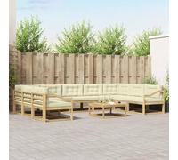 GeenYuu Ensemble mobilier Salon extérieur 10 pcs canapé Bois d'acacia Blanc crème Coussins Mousse Design à Lattes pour Jardin terrasse Bureau Salle à Manger