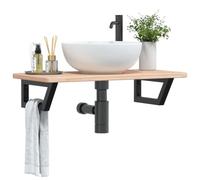 GeenYuu Étagère de Vasque Murale en Acier avec Plateau en Bois de chêne Massif 80x40 cm, Support trapèze Noir, Rangement sous évier pour Salle de Bain, Colonne, Armoire, tiroir