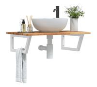 GeenYuu Étagère de Vasque Murale en Acier Blanc et Bois Massif d'acacia 100x50 cm avec Support trapèze pour Rangement sous évier Salle de Bain Colonne Porte Serviette et comptoir lavabo
