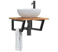 GeenYuu Étagère de Vasque Murale en Acier Noir et Bois Massif d'acacia 50x50 cm, Support trapèze Robuste pour Meuble lavabo Salle Bain, Rangement Suspendu sous évier