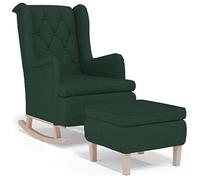 GeenYuu Fauteuil à bascule, avec tabouret, tissu vert foncé, bois d'hévéa massif, 65 x 91 x 100 cm, fauteuil de salon, fauteuil relaxant avec fonction balançoire et accoudoirs confortables pour des