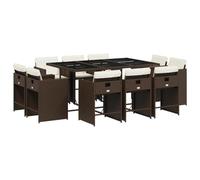 GeenYuu Lot de 11 meubles de jardin en rotin synthétique marron avec coussins, 165 x 106 x 73 cm, table de jardin en verre trempé, 10 chaises pliantes, résistant aux intempéries, facile d'entretien