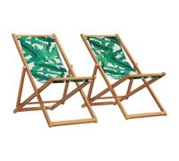 GeenYuu Lot de 2 chaises de plage pliables avec motif feuilles en tissu et bois d'eucalyptus massif, robustes, résistantes aux intempéries, 62 x 98-112 x 62-87 cm, vertes, confortables et réglables